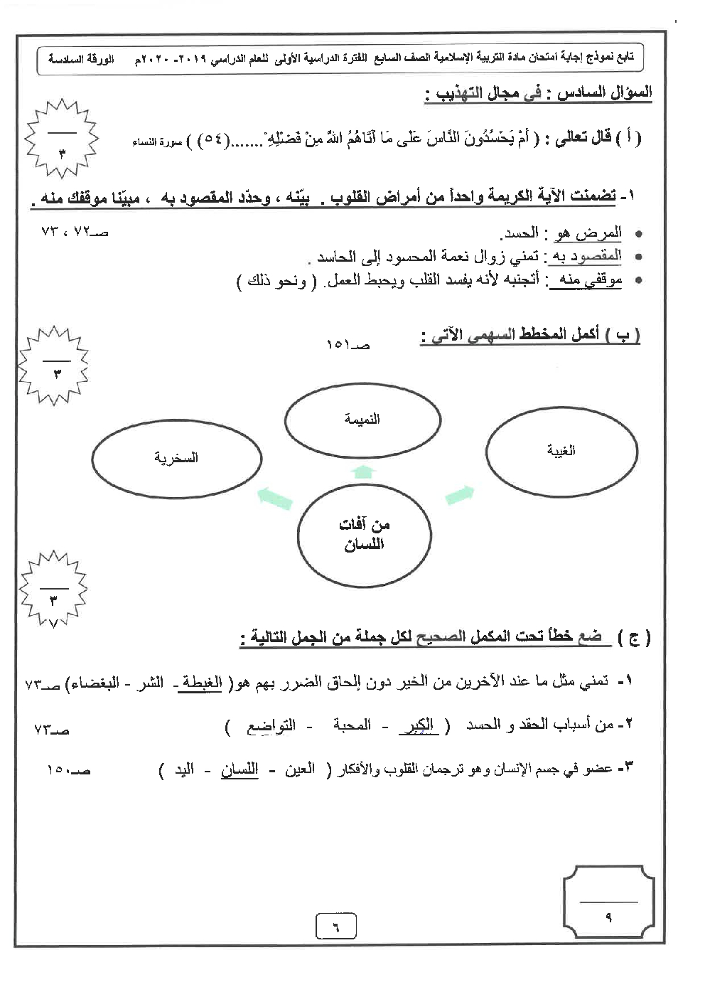 نموذج اجابة امتحان اسلامية سابع حولي التعليمية فصل اول 2019 2020 مدرستي