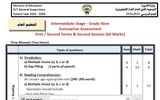 توزيع الدرجات ومواصفات امتحان لغة انجليزية الصف التاسع الفصل الأول