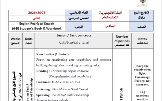 توزيع منهج لغة انجليزية الصف السادس الفصل الثاني
