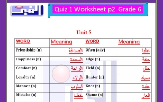 أوراق عمل الاختبار التقييمي الاول للغة الانجليزية الصف السادس الفصل الثاني