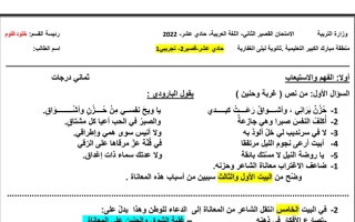نموذج (محلول) للامتحان القصير الثاني عربي حادي عشر ف1 #أ. حنان عيد 2022 2023