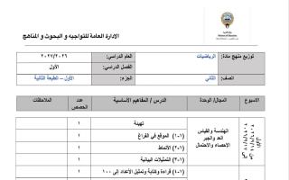 توزيع منهج رياضيات الصف الثاني الفصل الأول 2026-2027