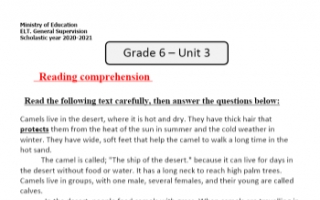 مذكرة الوحدة الثالثة انجليزي للصف السادس الفصل الأول التوجيه العام Reading Comprehension 1