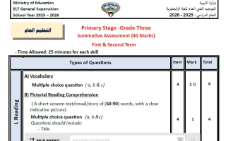 توزيع الدرجات ومواصفات امتحان لغة انجليزية الصف الثالث الفصل الأول