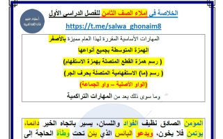 الخلاصة في الاملاء للغة العربية الصف الثامن الفصل الأول أ سلوى غنيم