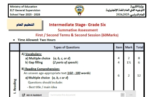 توزيع الدرجات ومواصفات امتحان لغة انجليزية الصف السادس الفصل الأول