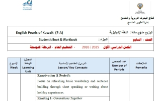 خطة وتوزيع منهج لغة انجليزية الصف السابع الفصل الأول 2025-2026