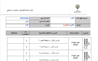 توزيع منهج (الجزء الأول) معدل علوم الصف الثاني الفصل الأول 2026-2027