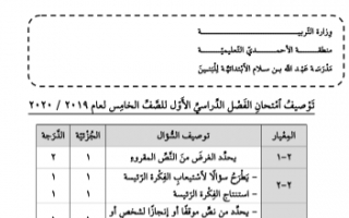 اختبار تجريبي عربي للصف الخامس الفصل الأول منطقة الأحمدي التعليمية 2019-2020