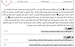 الورقة التقويمية 3 للوحدة الثانية لغة عربية للصف التاسع اعداد ايمان علي الفصل الاول