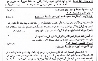 نموذج إجابة امتحان عربي للصف السادس فصل ثاني #الجهراء 2021-2022