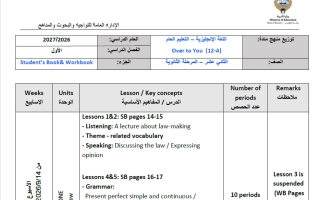 توزيع منهج لغة انجليزية للصف الثاني عشر الفصل الأول 2026-2027