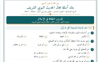بنك أسئلة مجال الحديث تربية اسلامية الصف السادس الفصل الأول 2026-2027