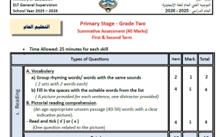 توزيع الدرجات ومواصفات امتحان لغة انجليزية الصف الثاني الفصل الأول