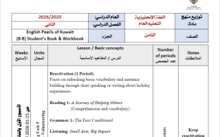 توزيع منهج لغة انجليزية الصف الثامن الفصل الثاني