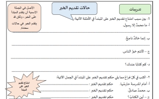 تدريبات حالات تقديم الخبر لغة عربية الصف السابع الفصل الأول 2026-2027 أ ايمان علي