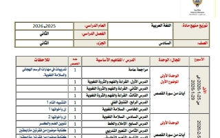 توزيع منهج اللغة العربية للصف السادس الفصل الثاني