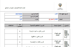 توزيع منهج الجزء الأول (معدل 2) علوم الصف الثالث الفصل الأول 2026-2027