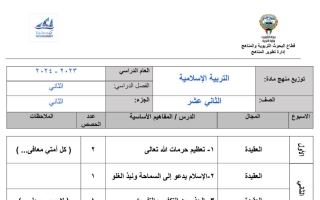 توزيع منهج إسلامية ثاني عشر فصل ثاني #2023-2024