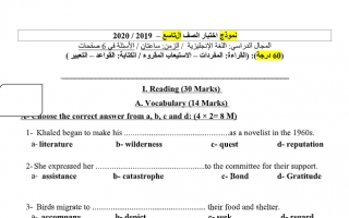 نموذج امتحان تجريبي انجليزي للصف التاسع للمعلم خالد الظفيري