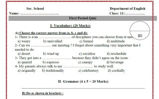 اختبار قصير لغة انجليزية الصف الحادي عشر الفصل الأول