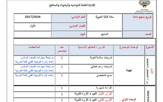 توزيع منهج اللغة العربية الصف السابع الفصل الأول 2026-2027