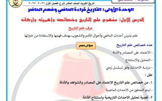 شرح درس (مفهوم علم التاريخ وخصائصه وأهميته وأركانه) تاريخ الصف العاشر الفصل الأول 2026-2027 أ محمد علي
