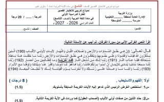 نموذج تدريبي للاختبار القصير لغة عربية الصف التاسع الفصل الأول 2026-2027 أ سلوى غنيم
