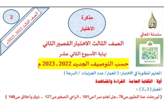 مذكرة الاختبار القصير الثاني عربي ثالث ابتدائي ف1 #أ. حمادة ماهر 2022 2023