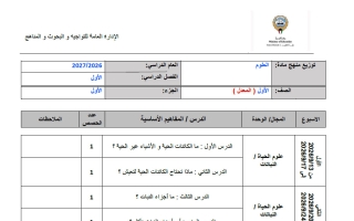 توزيع منهج (الجزء الأول) معدل علوم الصف الأول الفصل الأول 2026-2027