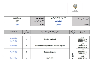 توزيع منهج حاسوب الصف السادس الفصل الأول 2026-2027