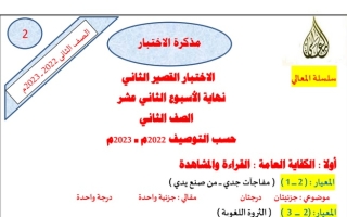 مذكرة الاختبار القصير الثاني عربي ثاني ابتدائي ف1 #أ. حمادة ماهر 2022 2023