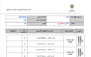 توزيع منهج الجزء الأول (معدل 2) علوم الصف الثاني الفصل الأول 2026-2027