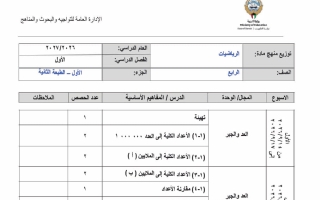 توزيع منهج رياضيات الصف الرابع الفصل الأول 2026-2027