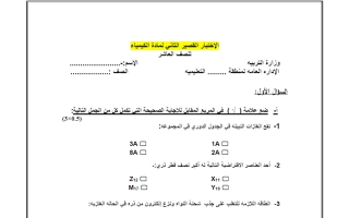 الاختبار القصير الثاني كيمياء الصف العاشر الفصل الأول