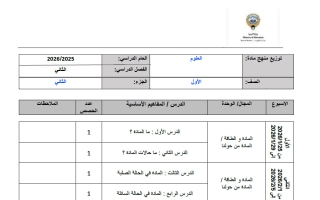 توزيع منهج علوم الصف الأول الفصل الثاني