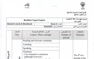 توزيع منهج اللغة الانجليزية الصف الثامن الفصل الثاني 2021 -2022