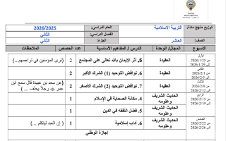 توزيع منهج التربية الاسلامية للصف العاشر الفصل الثاني 2025-2026