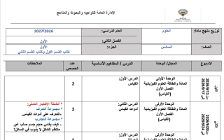 توزيع منهج علوم الصف السادس الفصل الأول 2026-2027
