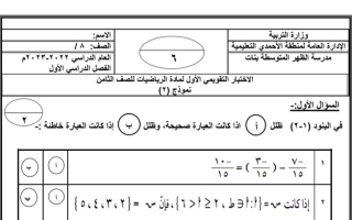 الاختبار التقويمي الأول نموذج (2) رياضيات ثامن ف1 #م. الظهر المتوسطة 2022 2023