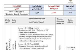 توزيع منهج لغة انجليزية الصف العاشر الفصل الثاني 2025-2026