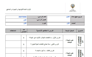 توزيع منهج علوم الصف الأول الفصل الأول 2026-2027