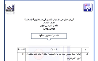 أوراق عمل الاختبار القصير تربية اسلامية الصف التاسع الفصل الأول 2026-2027