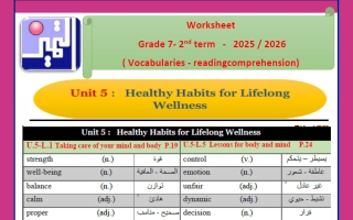 أوراق عمل الاختبار التقييمي الاول للغة الانجليزية الصف السابع الفصل الثاني