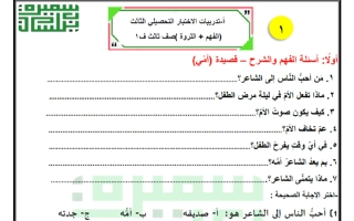 تدريبات الاختبار التحصيلي الثالث (الفهم والثروة) لغة عربية الصف الثالث الفصل الأول أ سميرة بيلسان