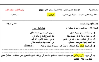 نموذج (غير محلول) للامتحان القصير الثاني عربي حادي عشر ف1 #أ. حـنان عيد 2022 2023