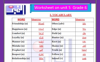 اوراق عمل الوحدة الخامسة لغة انجليزية للصف السادس الفصل الثاني