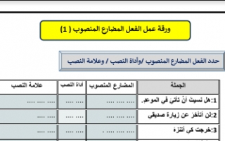 ورقة عمل الفعل المضارع المنصوب لغة عربية للصف الخامس الفصل الأول إعداد المعلمة بيلسان