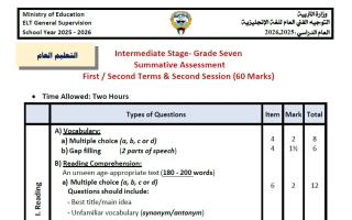 توزيع الدرجات ومواصفات امتحان لغة انجليزية الصف السابع الفصل الأول