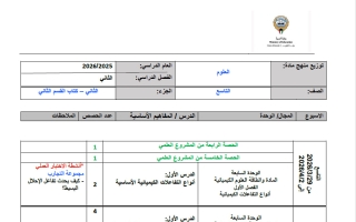 توزيع منهج (القسم الثاني) علوم الصف التاسع الفصل الثاني